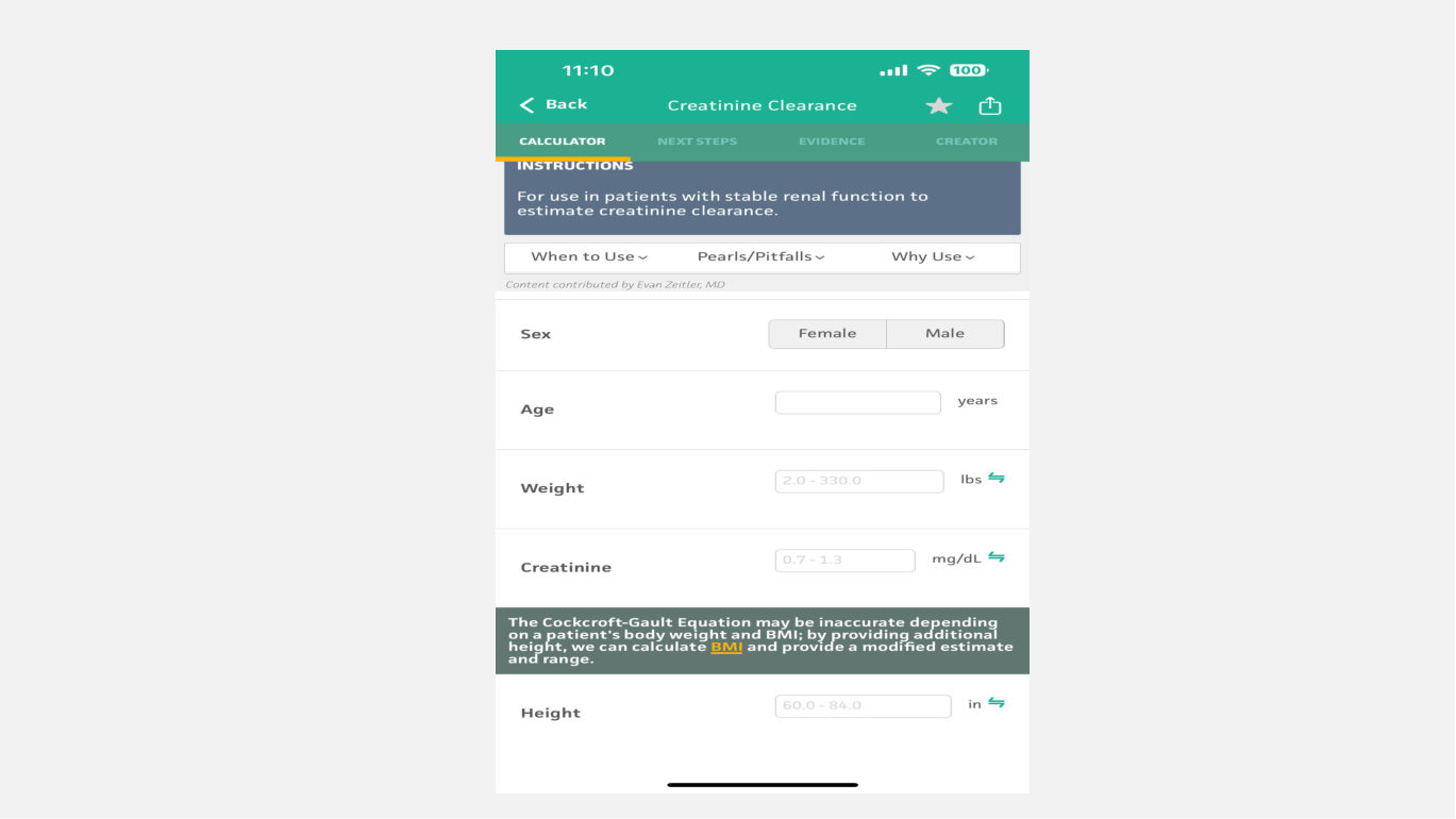 The creatinine-clearance calculator she demonstrated live, from an app on her own phone. The inputs are the point: clearance is estimated from age, sex, weight and serum creatinine, which is why the same creatinine value means different things in two different patients.